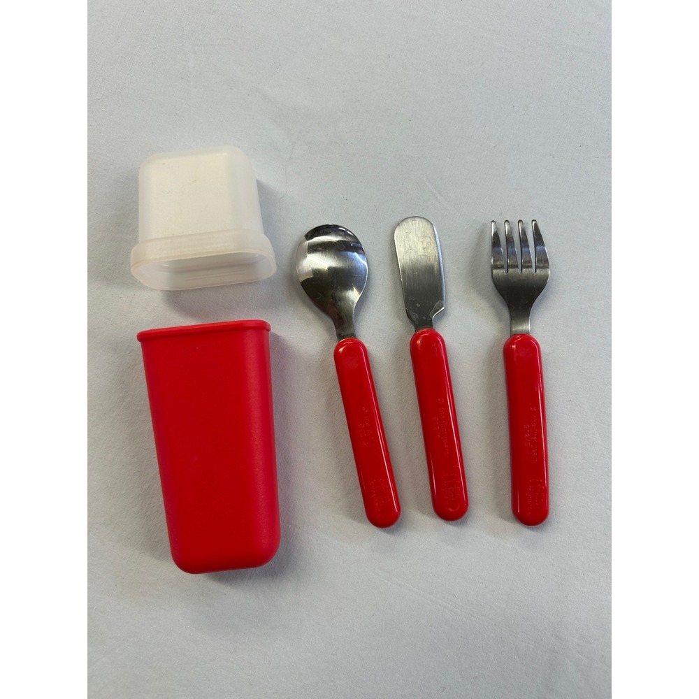 Vintage The First Years Toddler Utensil Set with Travel Case Red Stainless Steel